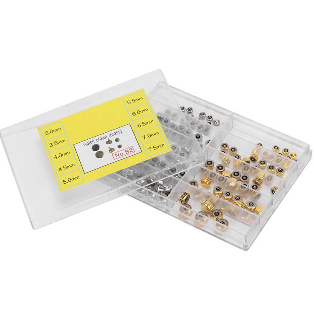 100Pcs Brass Watch Crown Watchmaker Repair Spare Parts Silver&Gold Heads Box B
