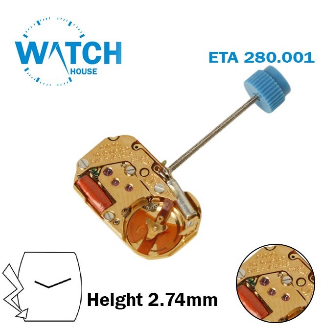 ETA 280.001 Swiss Made Watch Movement, 2 Hands, H:2.74mm.