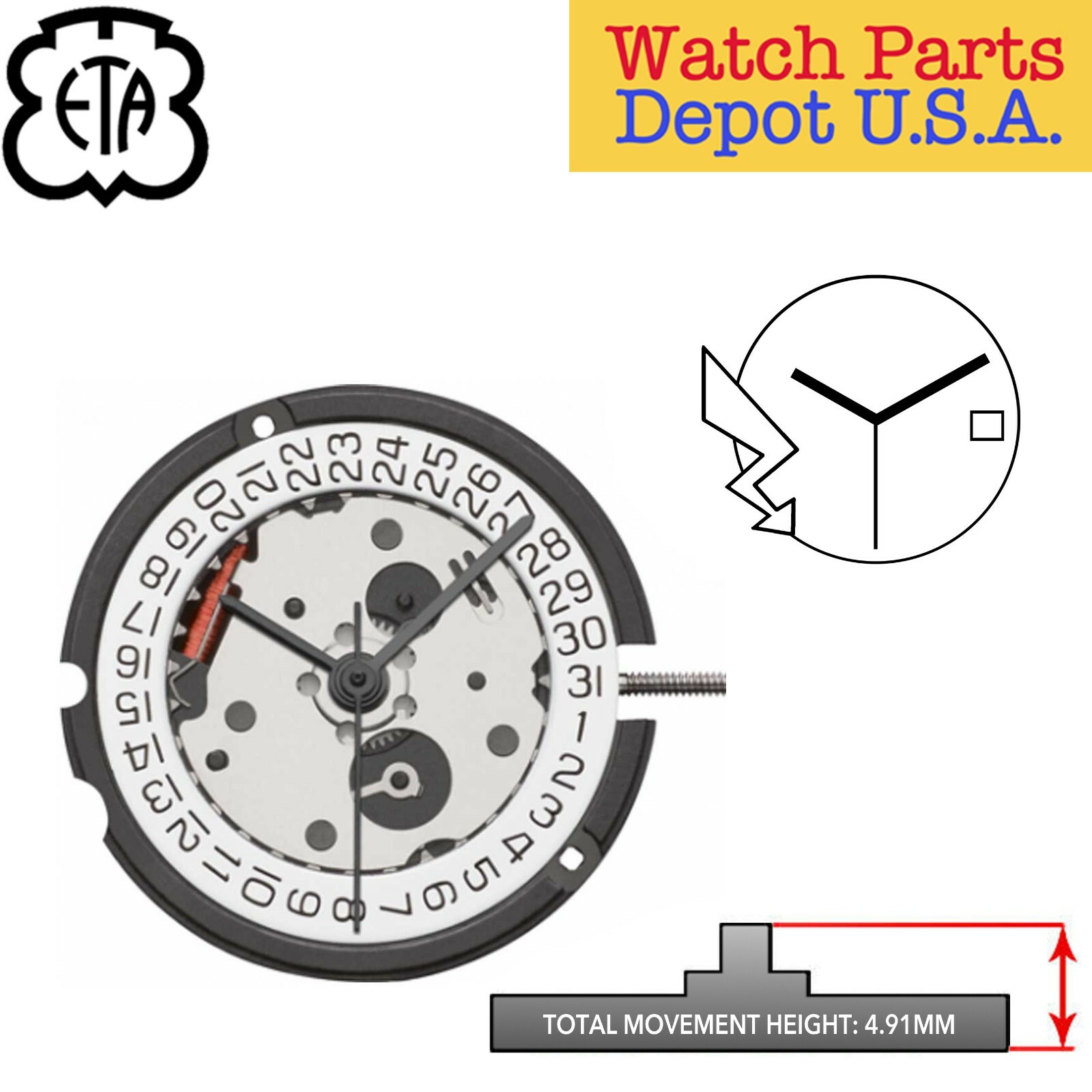 Genuine ETA 804.112 Swiss Made Quartz Movement, 3 Hands, Date at 3 NEW