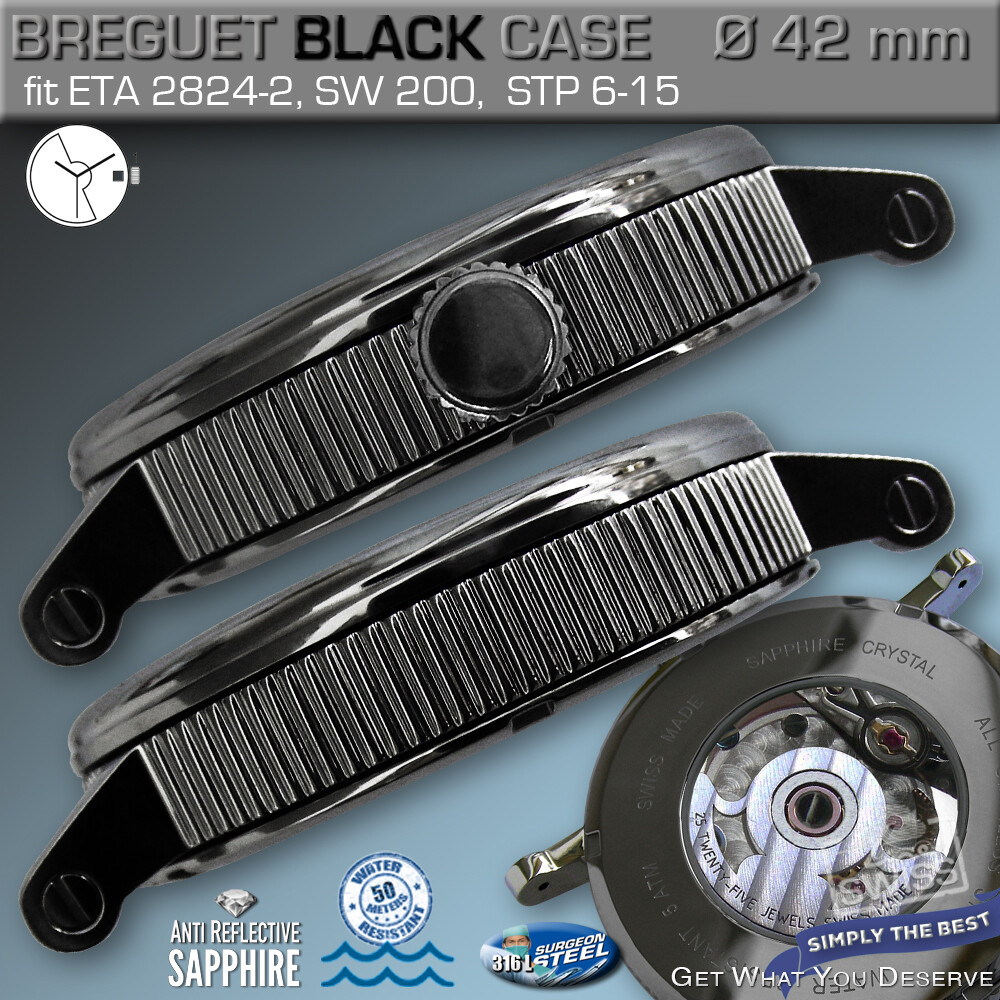 WATCH CASE BREGUET, 42 mm, BLACK-PVD, SAPPHIRE CR, MOVEM. ETA2824, SW, STP, SOP