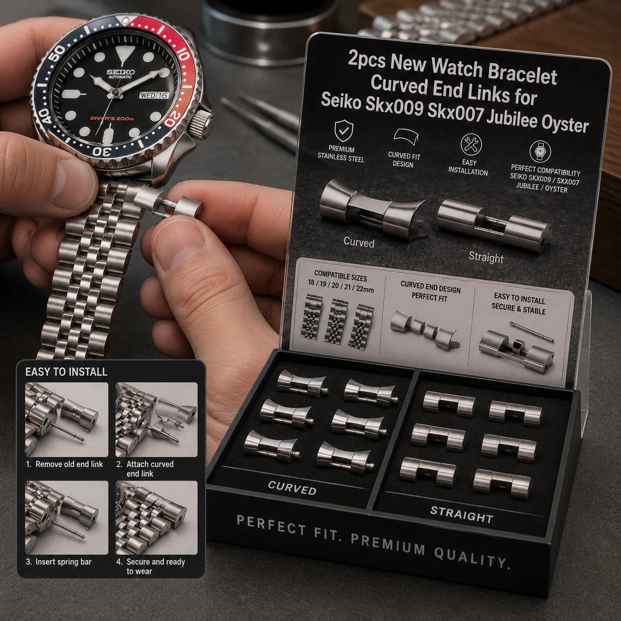2pcs New Watch Bracelet Curved End Links for Seiko Skx009 Skx007 Jubilee Oyster