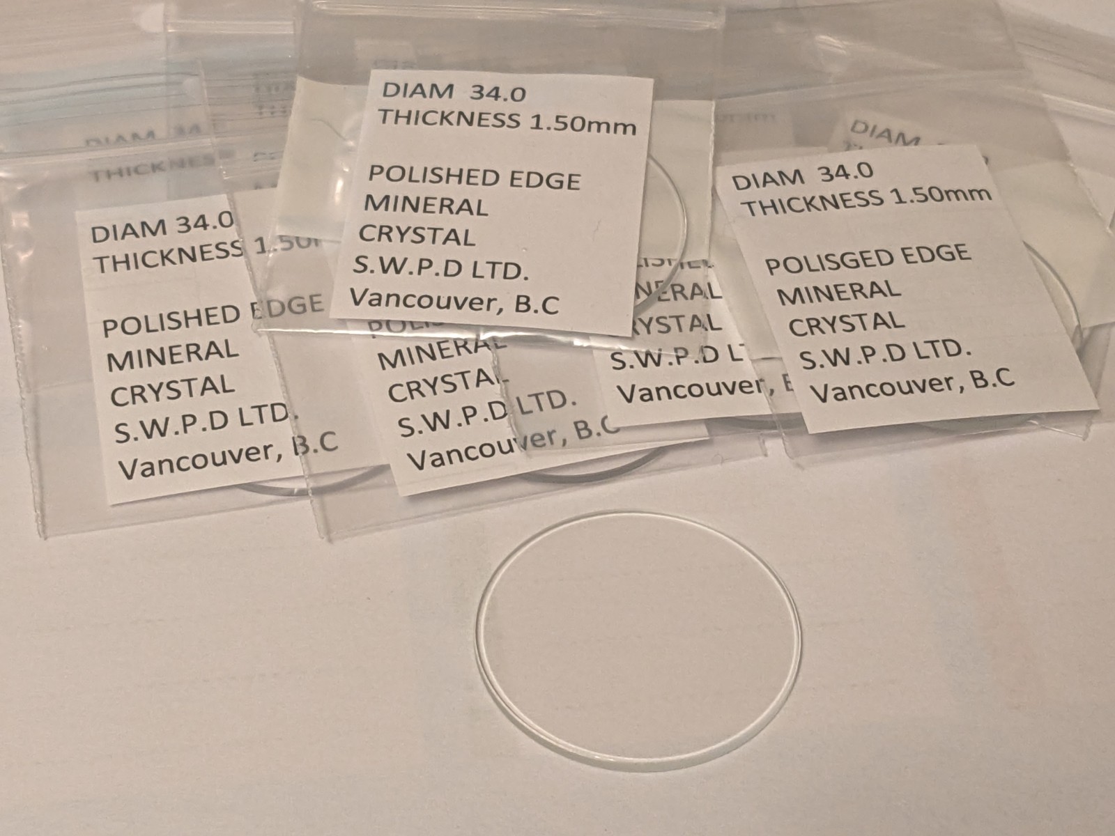 Watch crystal flat round mineral glass diameter 34.0mm x 1.50mm 10 pieces