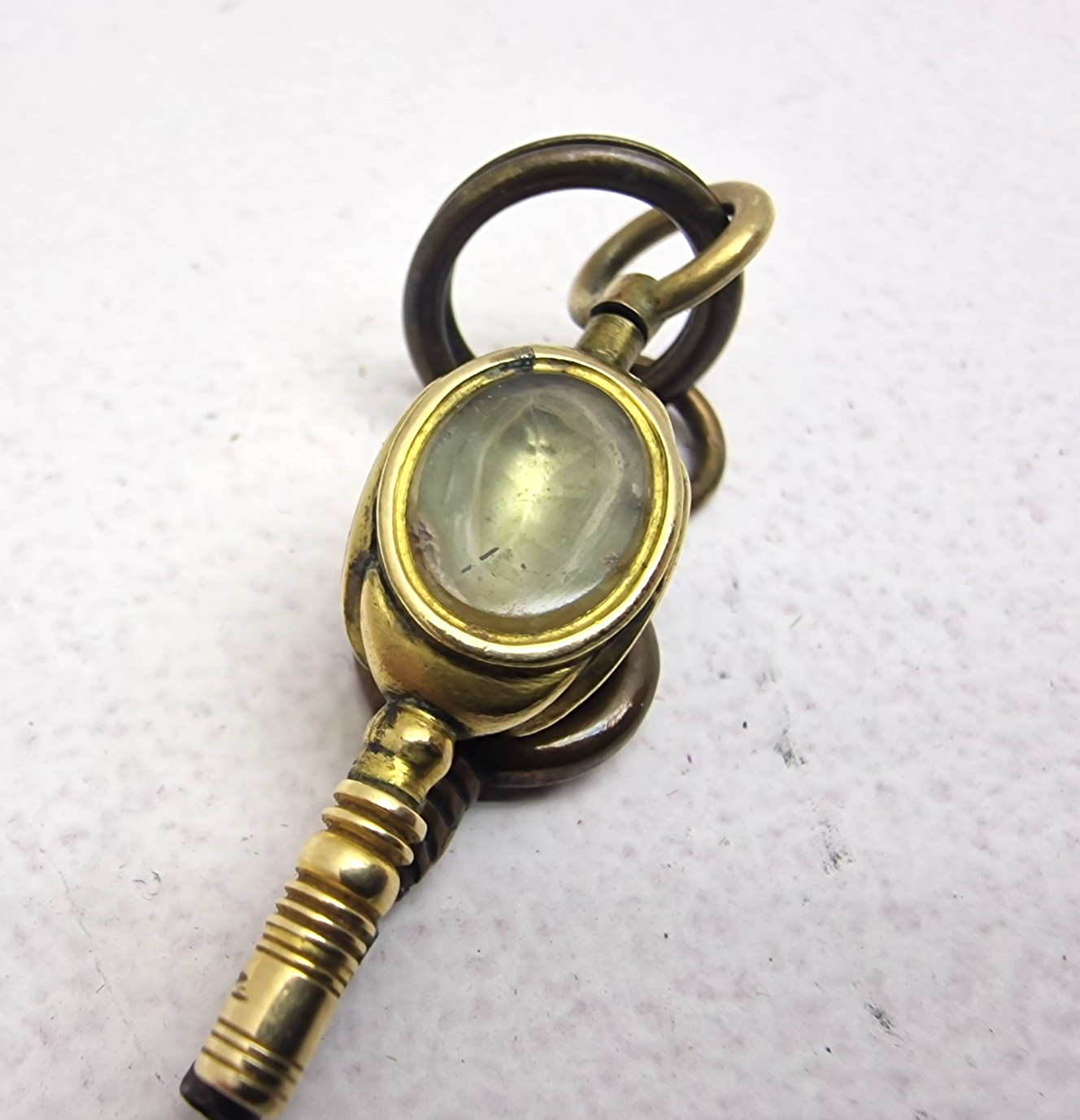Antique Brass Pocket Watch Winding Keys Multi Stone Swivel Fob Victorian Era