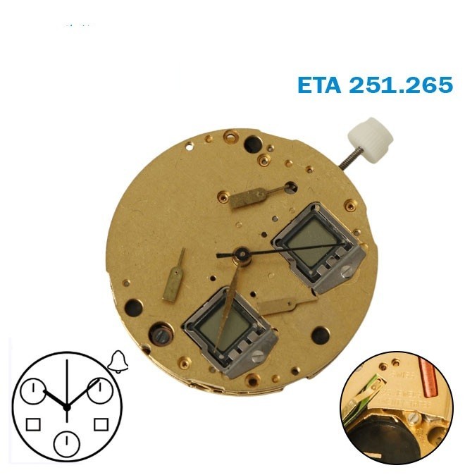 ETA 251.265 Swiss Movement, Analog, Digital, Chronograph, Alarm, 23 Jewels.