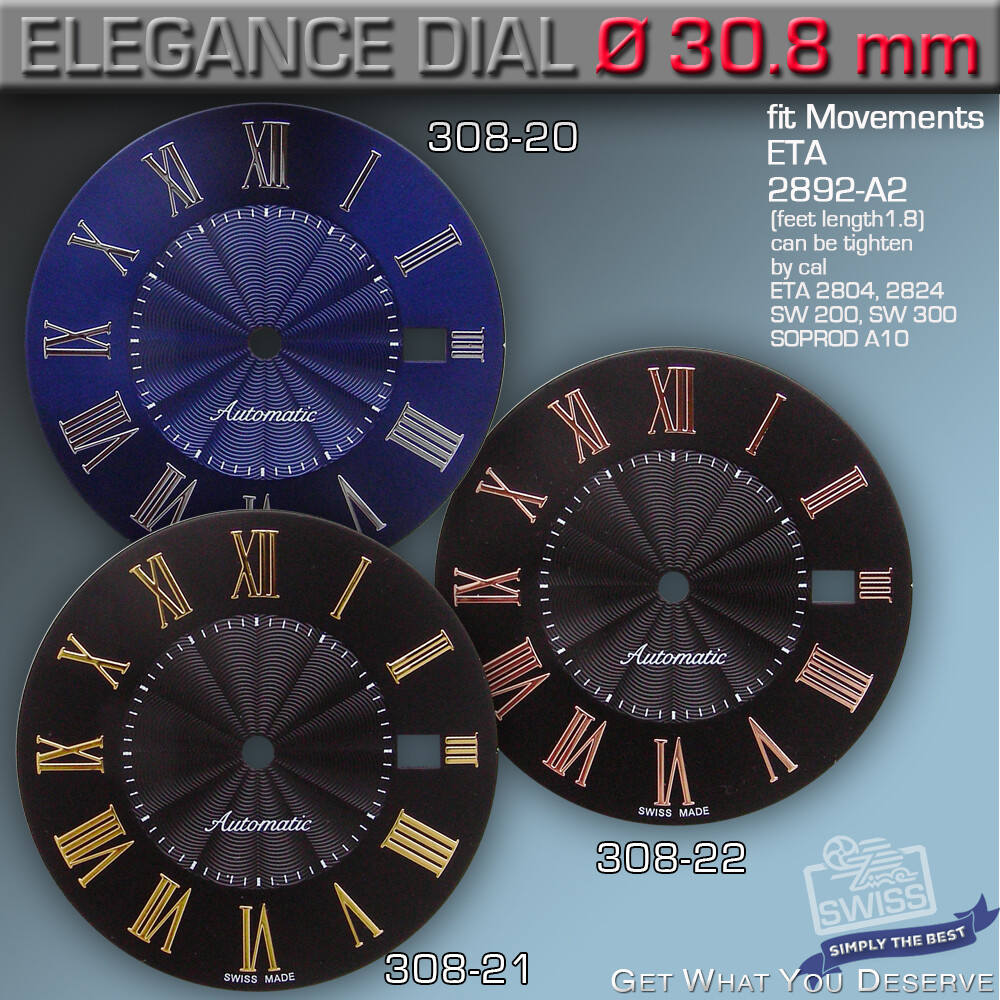 DIAL, ETA 2824-2, 2892-A2, SW 200,SW300, SOPROD A10,M100 Ø30.8 mm Ref 308-20-22