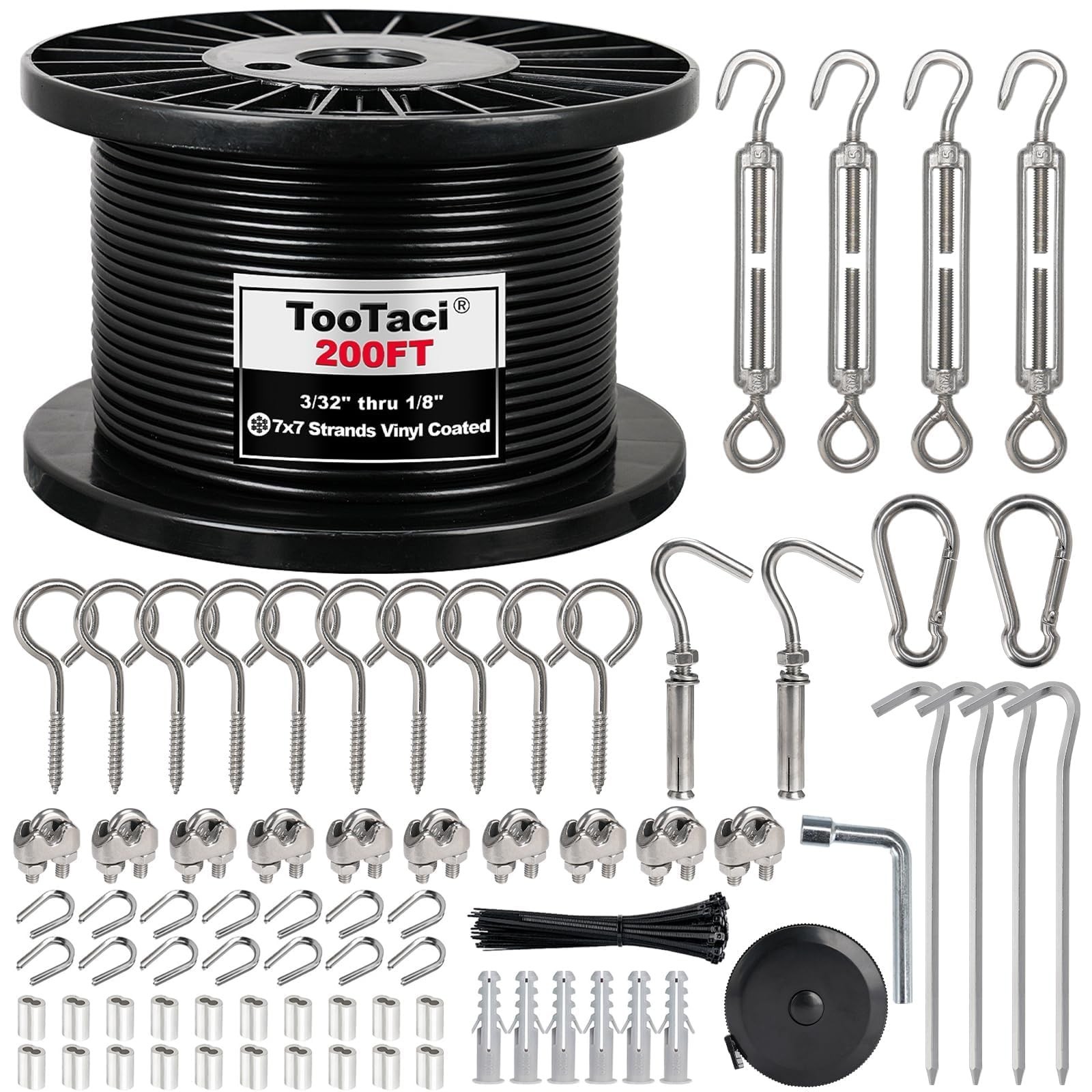 TooTaci 1/8″ Wire Rope Kit, 200FT Black Vinyl Coated Stainless Steel Cable wi…