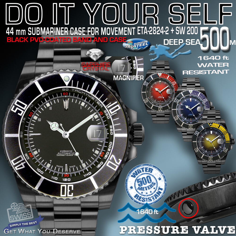 SET: CASE SUBMARINER 500M,1640 FT, BLACK PVD, DIAL/HANDS/BAND, FIT ETA2824/SW200