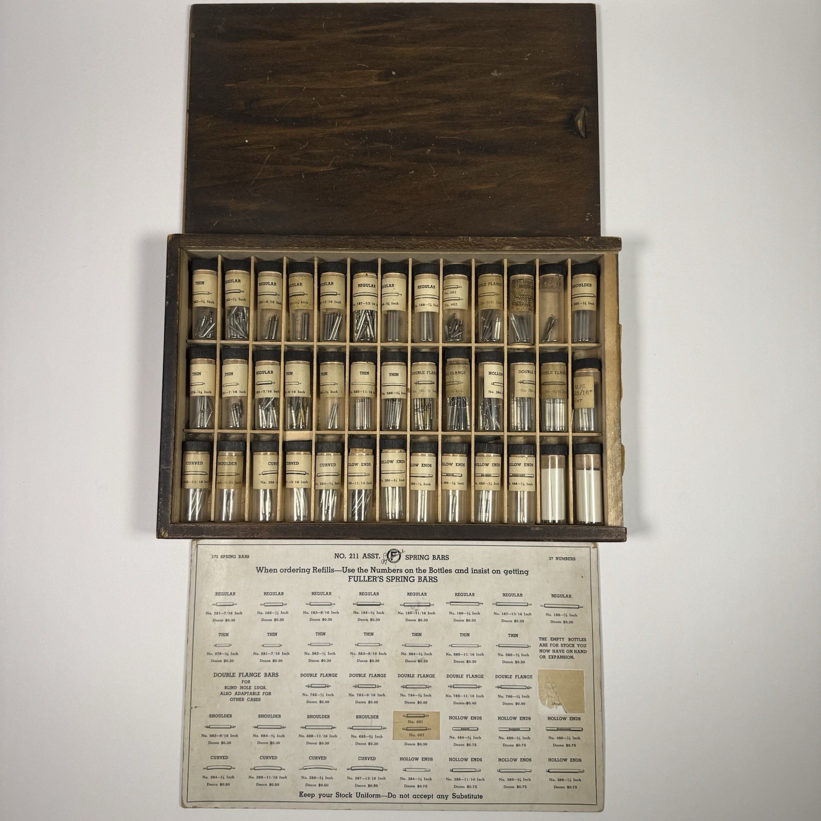 Fuller Spring Bars Set In Original Wooden Box For Wristwatch Watchmakers Vtg