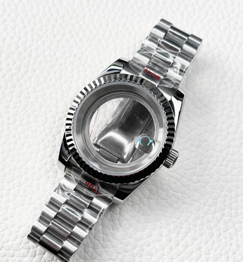 Polished NEW 39MM Silver Watch Case Strap Fluted Bezel Sapphire fit NH35 NH36