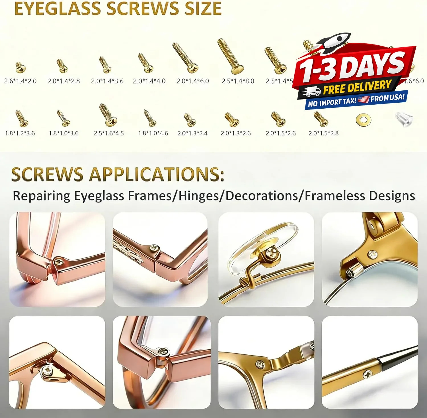 Gold Eyeglass Repair Kit with 18 Sizes Gold-Plated Screws, Style