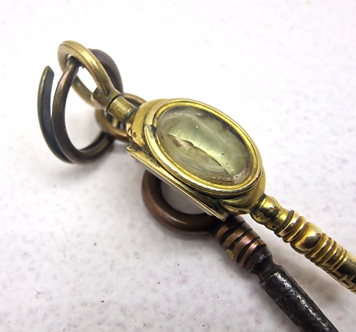 Antique Brass Pocket Watch Winding Keys Multi Stone Swivel Fob Victorian Era