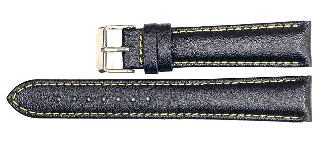 Watch Band Genuine Leather Plain PADDED With Stitches Black Color Of Size 18MM