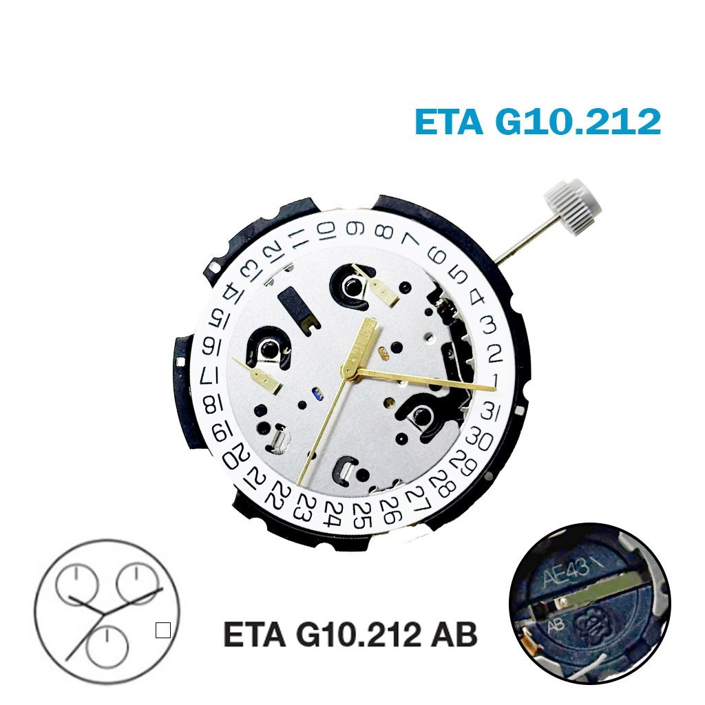 ETA G10.212 AB Swiss Made Movement-White Date Disk at 4-3 Hands-Chronograph.