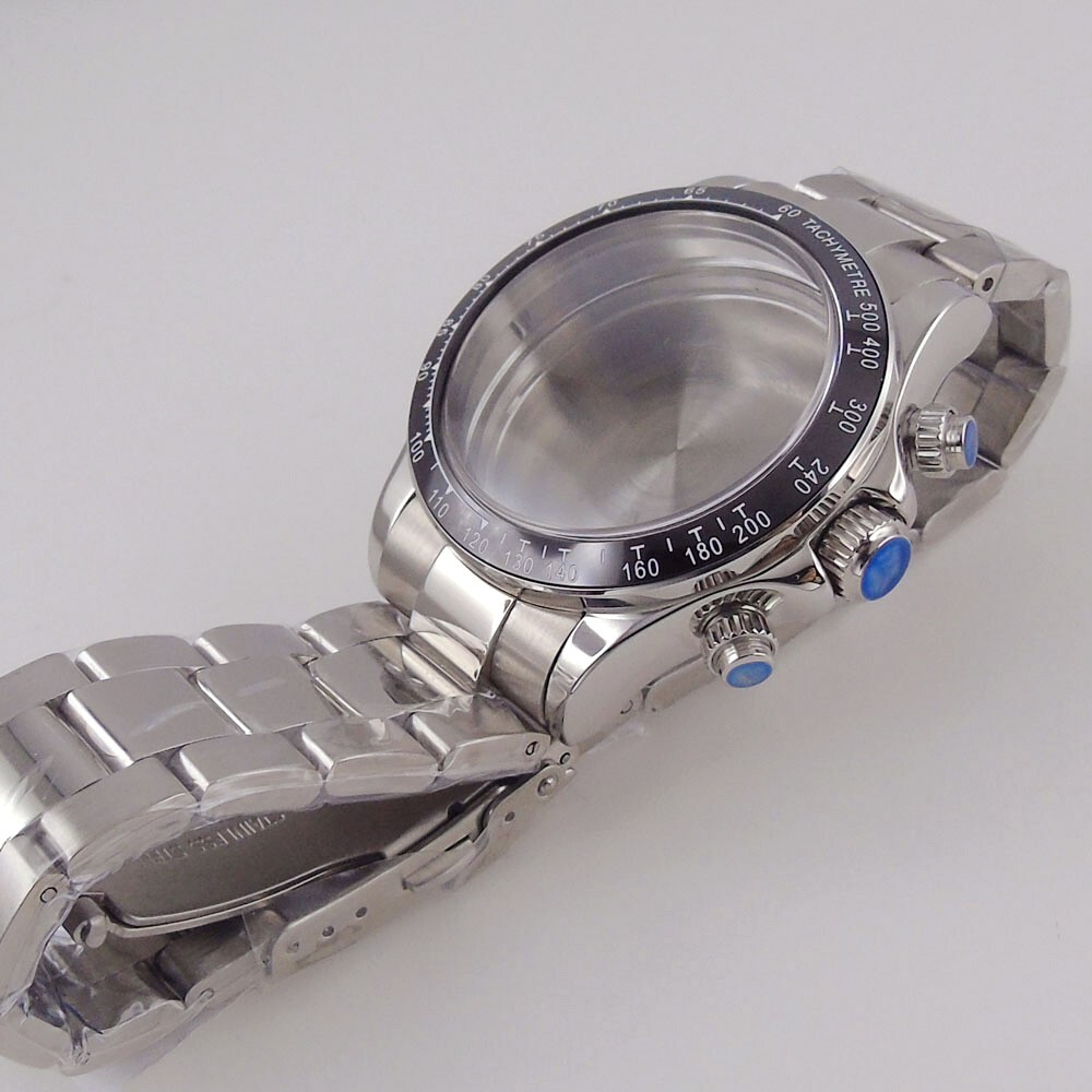 39mm Polished Mens Watch Case Bracelet Fit Quart VK64 VK63 Bow Sapphire Glass