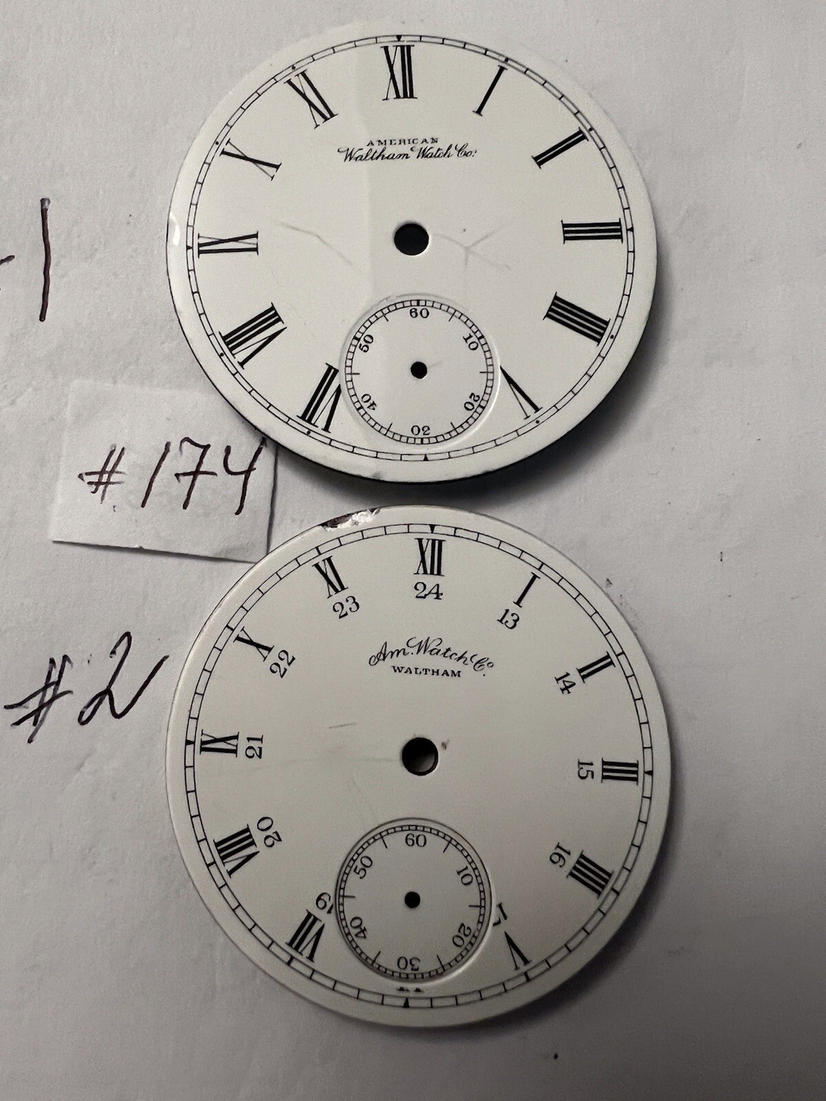 Lot of 2 antique porcelain pocket watch dials size 18. American Waltham Watch Co