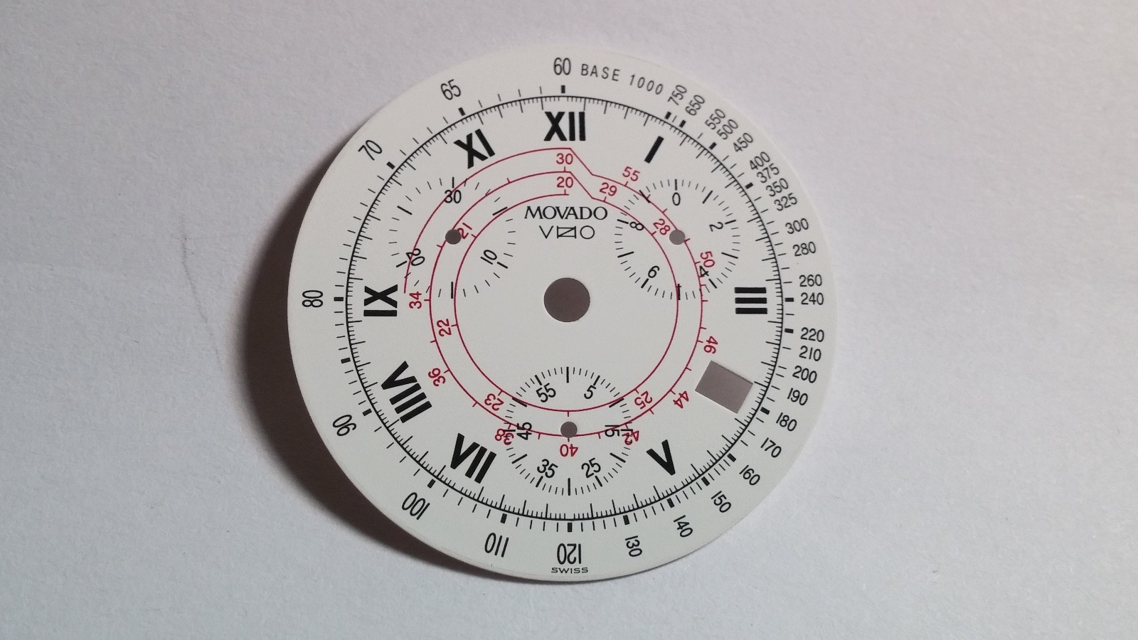 Movado Vizio dial, white, red, black, date window, chrono, 31.6mm diameter