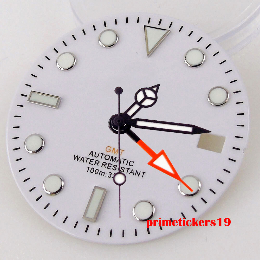 29mm White Watch Dial Date Black Orange Hands Luminous Fit NH34 GMT Movement