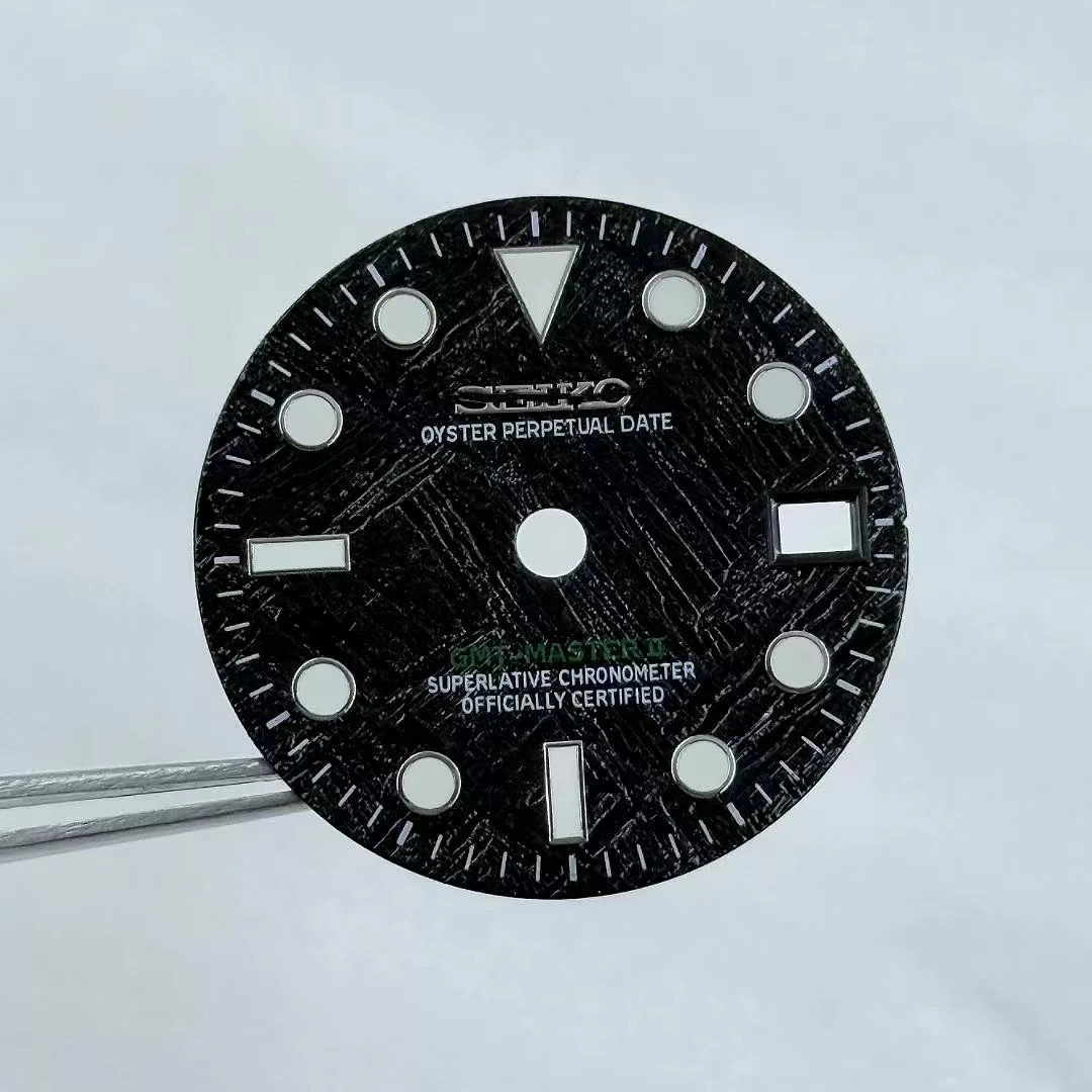 28.5mm GMT Meteorite pattern Watch Dial Green Luminous For NH34 Movement