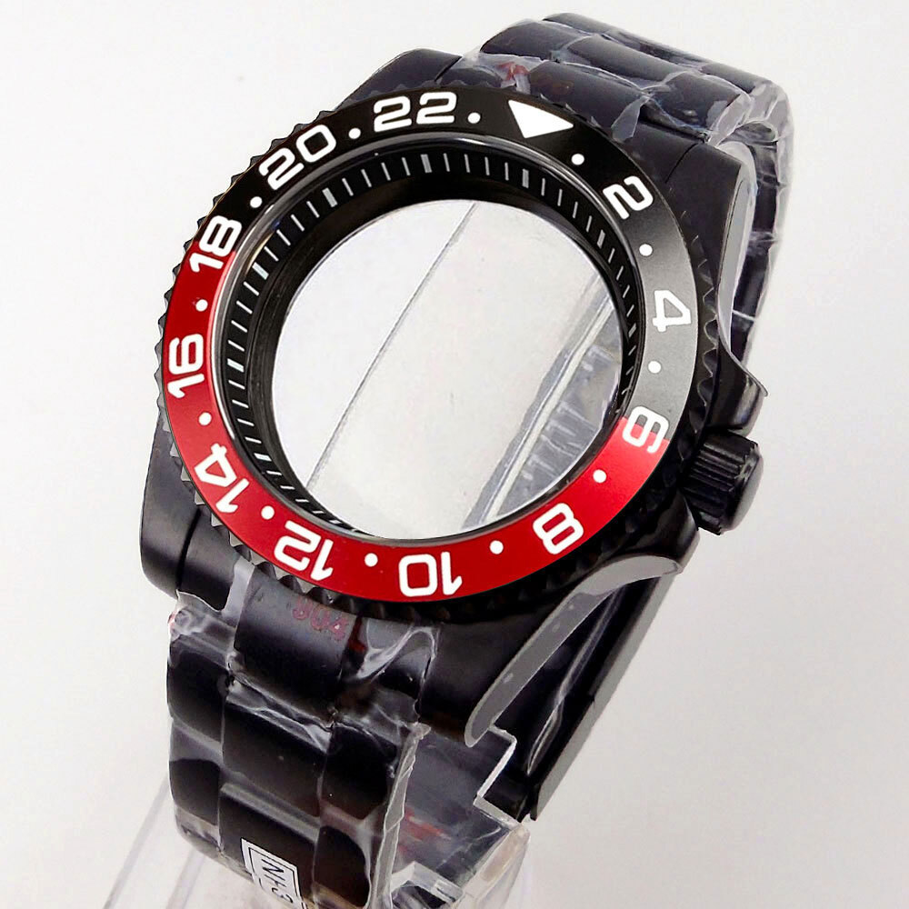 40mm Black PVD Sapphire Glass Watch Case Fit NH35A NH36A ETA2824 PT5000 Rubber
