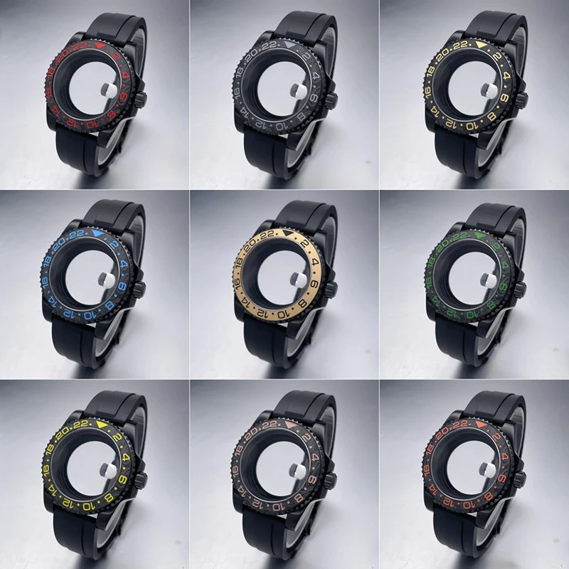 40Mm NH35 Watch Case All Black Sub Style Rubber Strap Sapphire Crystal Stainless