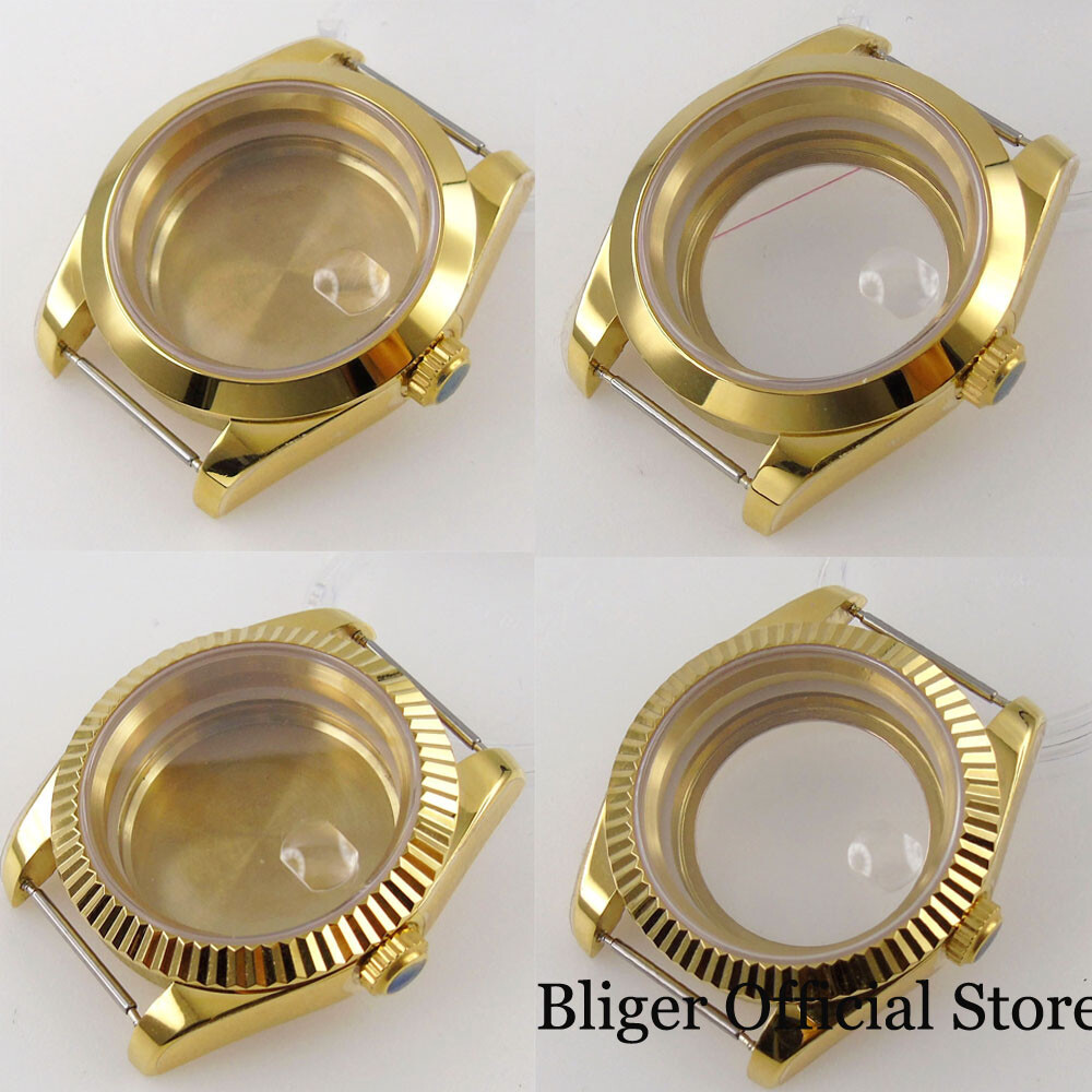 39mm Watch Case fit NH35A ETA MIYOTA Yellow Gold Coated Polish/Fluted Bezel