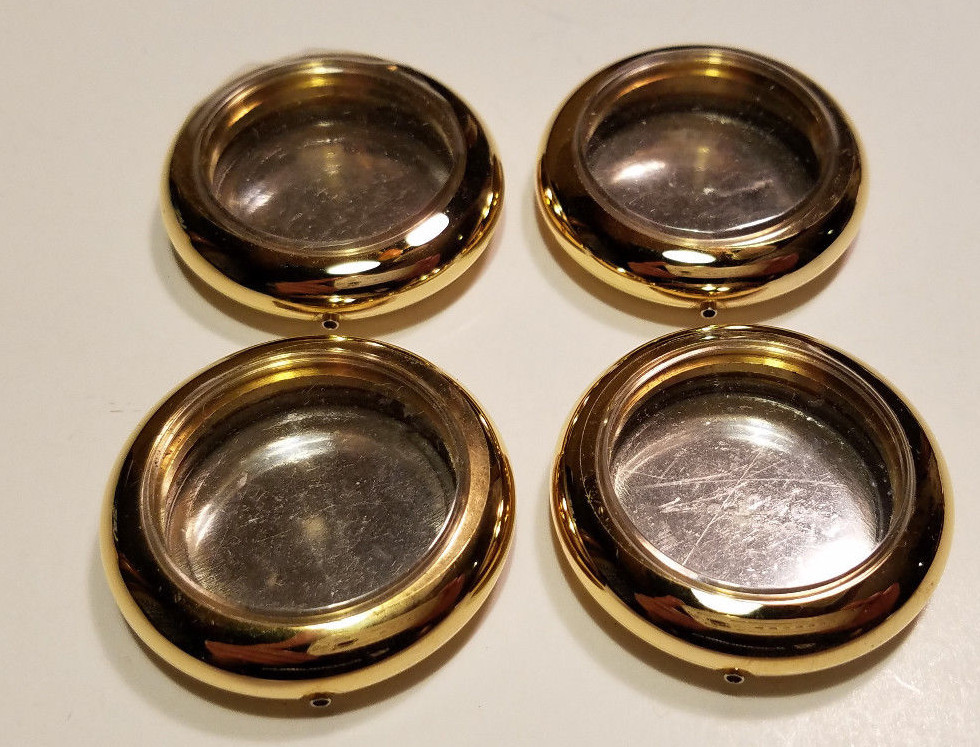 LOT (4) WATCH CASE GOLD TONE w Back & Crystal – Stamp Coin Picture + Storage Box