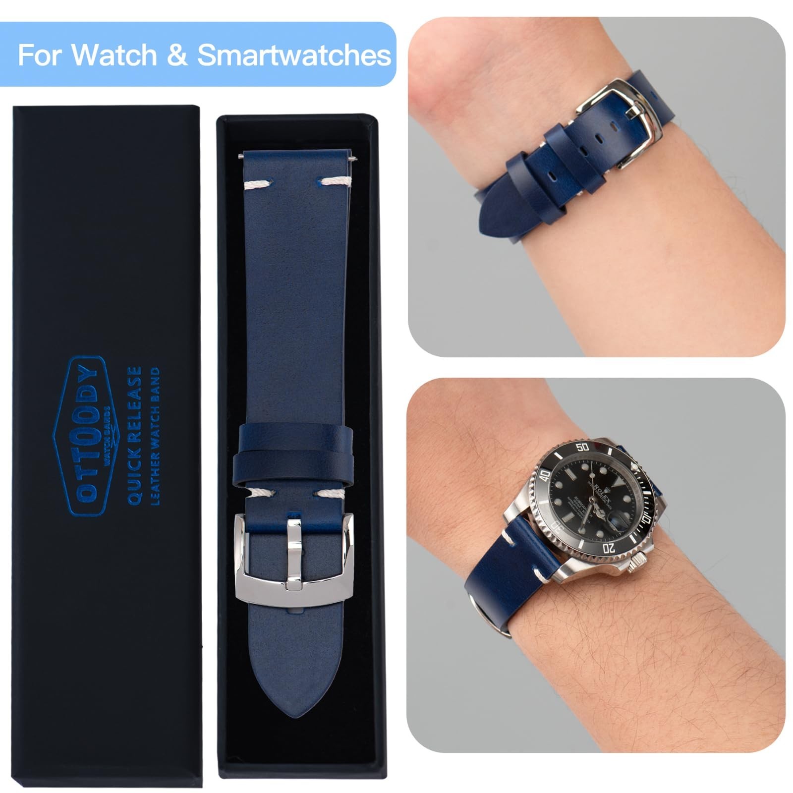 Leather Watch Bands 18mm 20mm 21mm 22mm, Quick Release Top Grain Leather Watc…