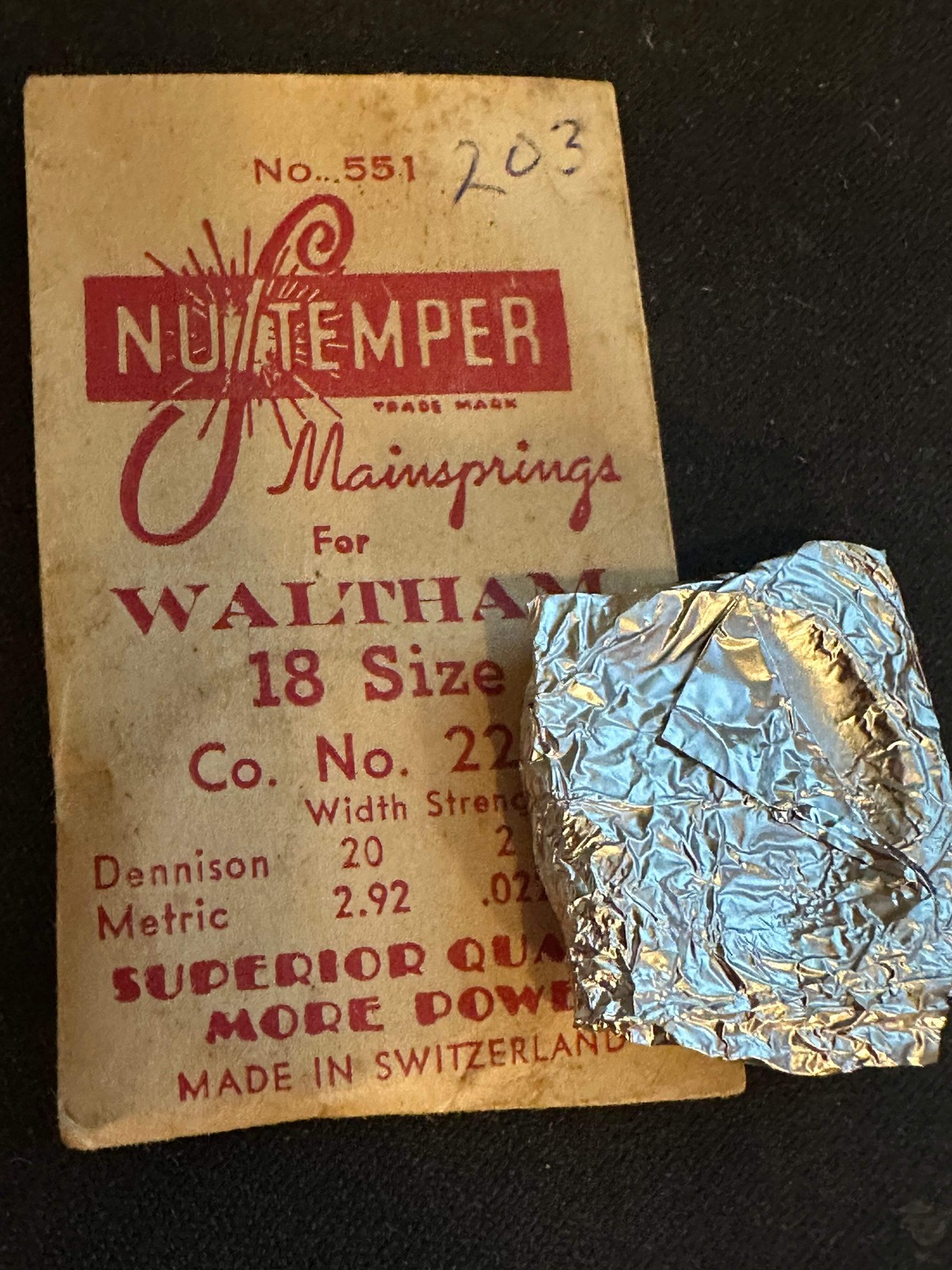NuTemper Mainspring #551 for Waltham 18s Factory No. 2203 – Steel