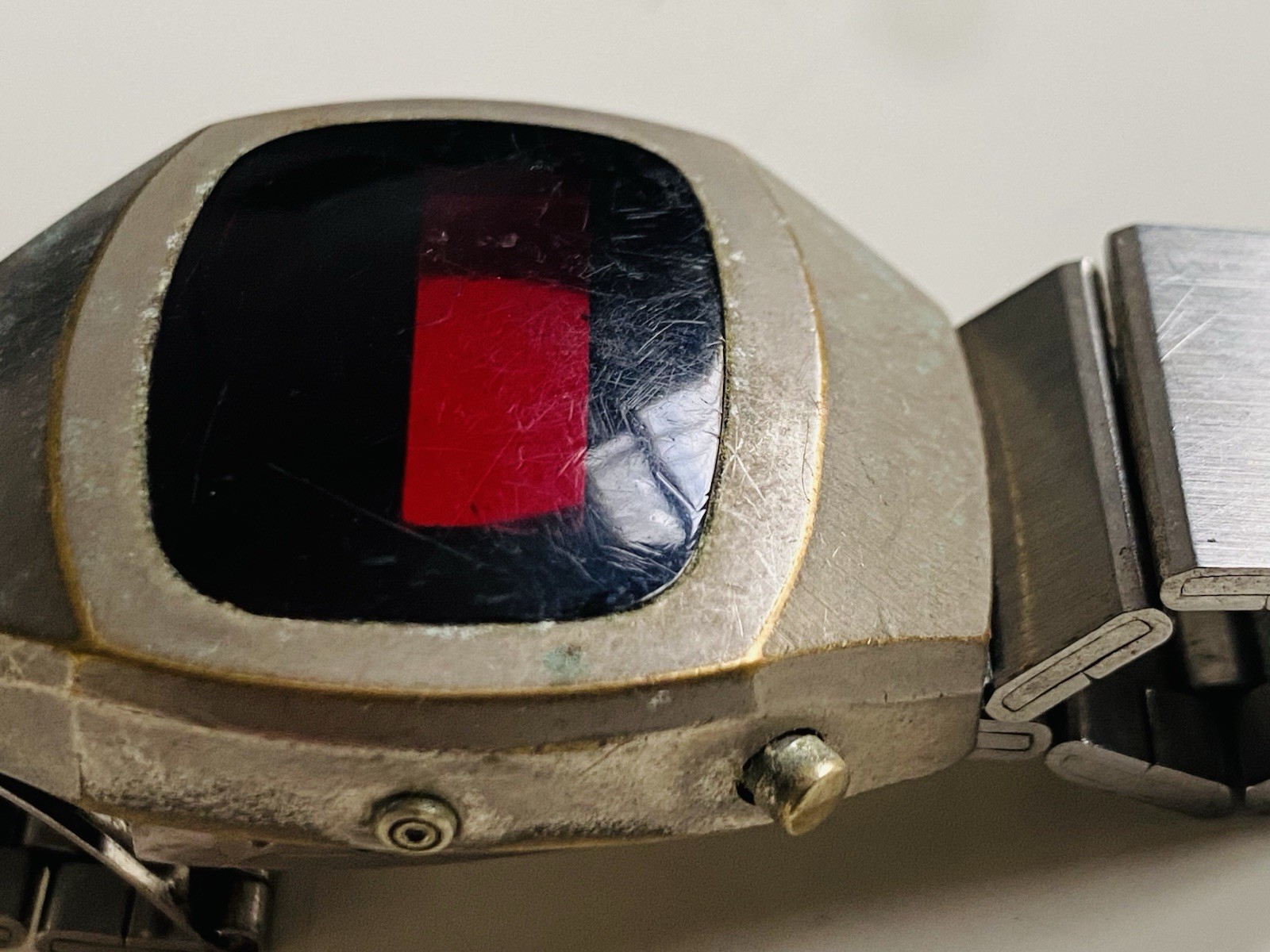 VINTAGE LED WATCH PARTS 1970s Silver Red Glass Frame and Strap Only NO INSIDES