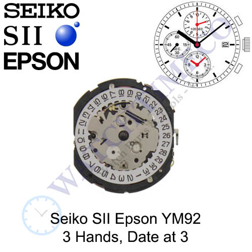 Genuine Seiko SII Epson YM92 Watch Movement Japan 3 Hands, Date at 3