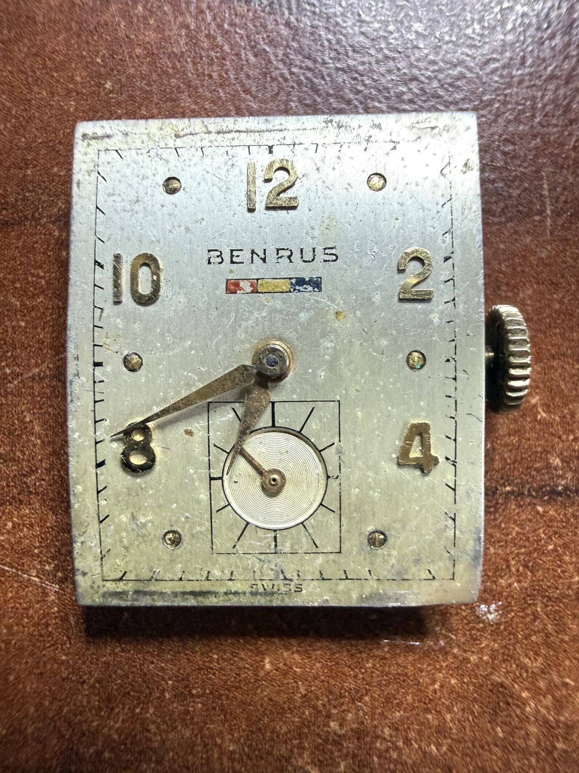 Benrus BO 1 17 Jewels Rectangular Movement Dot Marker Dial Parts Repair