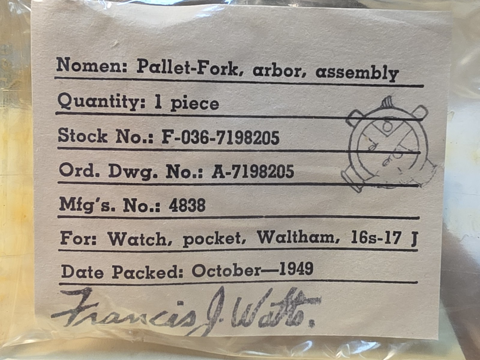 NOS Waltham 16s Vanguard Model ’99 GI Model 1617 P/N 4838 Complete Pallet Fork
