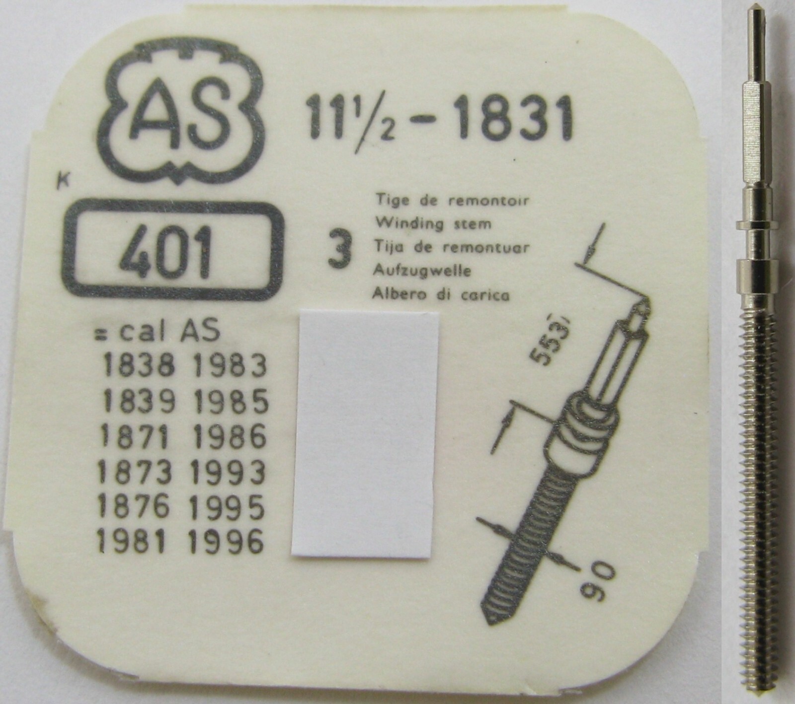 AS 1831 1838 1871 1873 1983 1986 1993 1996 watch movement part 401 winding stem