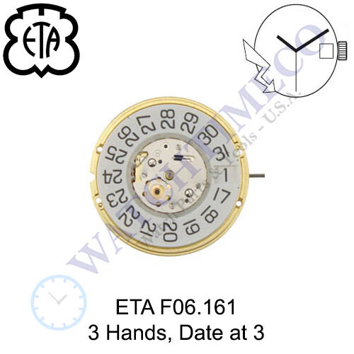 Genuine ETA F06.161 Watch Movement Swiss 3 Hands, Date at 3