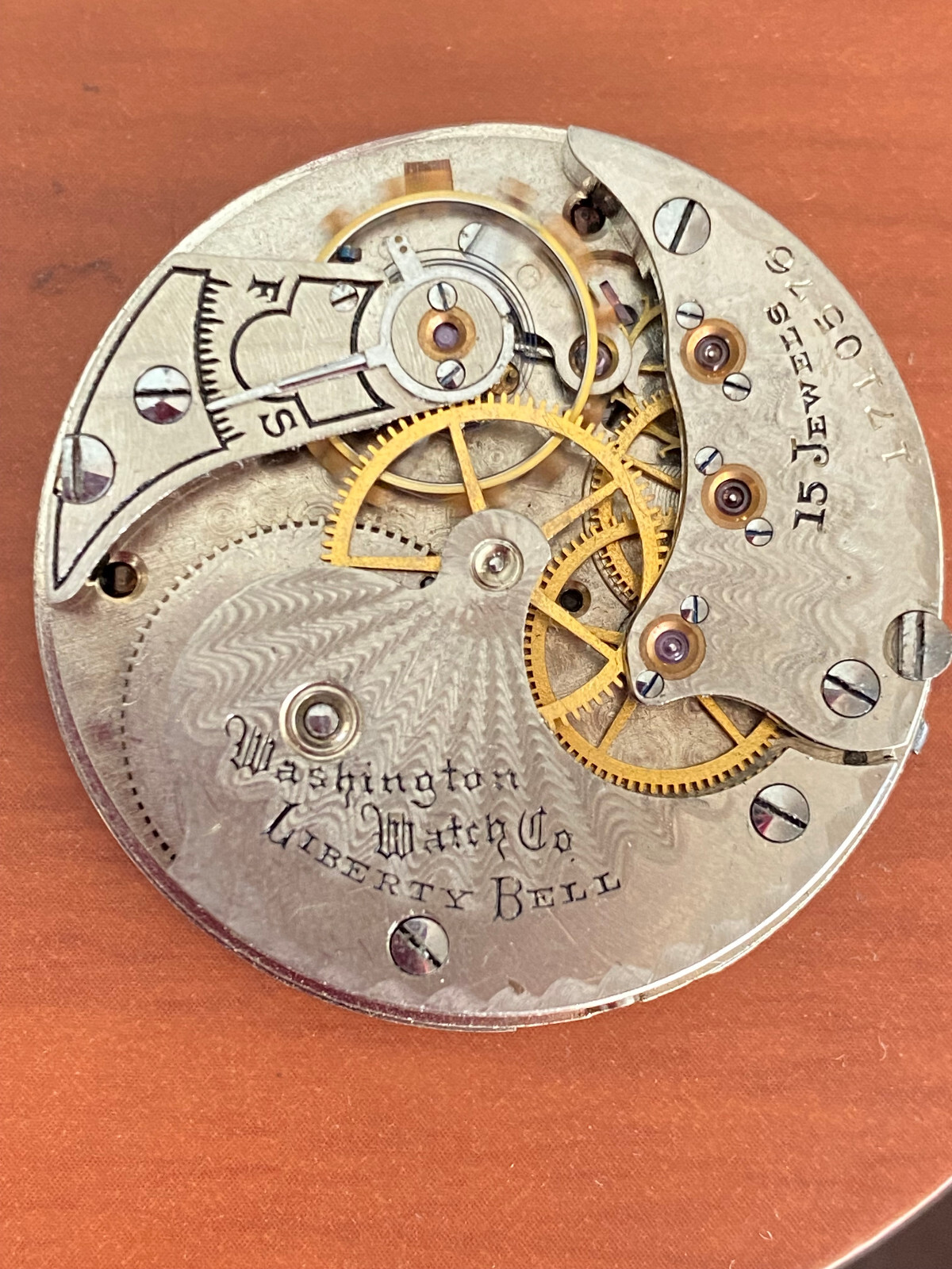VINTAGE 34.68MM WASHINGTON WATCH CO. LIBERTY BELL POCKET WATCH MOVEMENT, K.T.