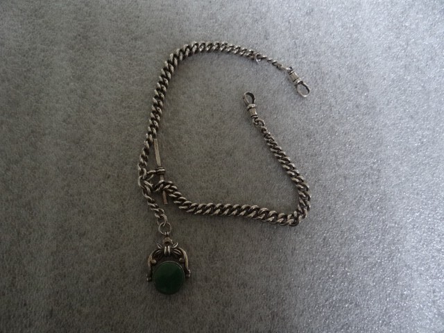 Rare Antique English Sterling Silver Pocket Watch Chain With Swivel Agate Fob
