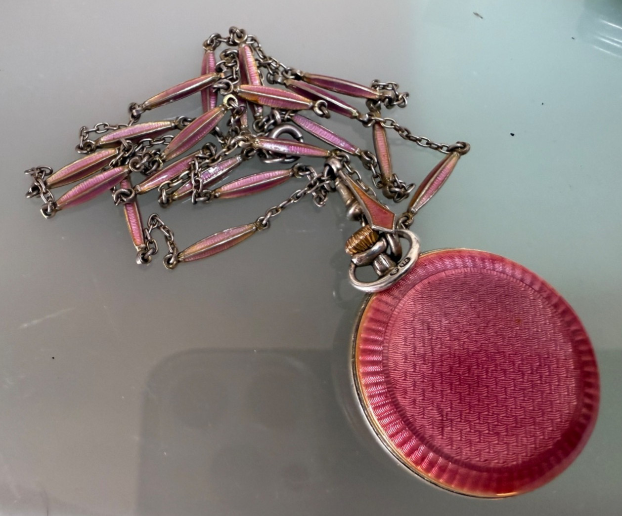 Vintage 20S ROLEX Pink Enamel Pocket Watch PENDANT Necklace