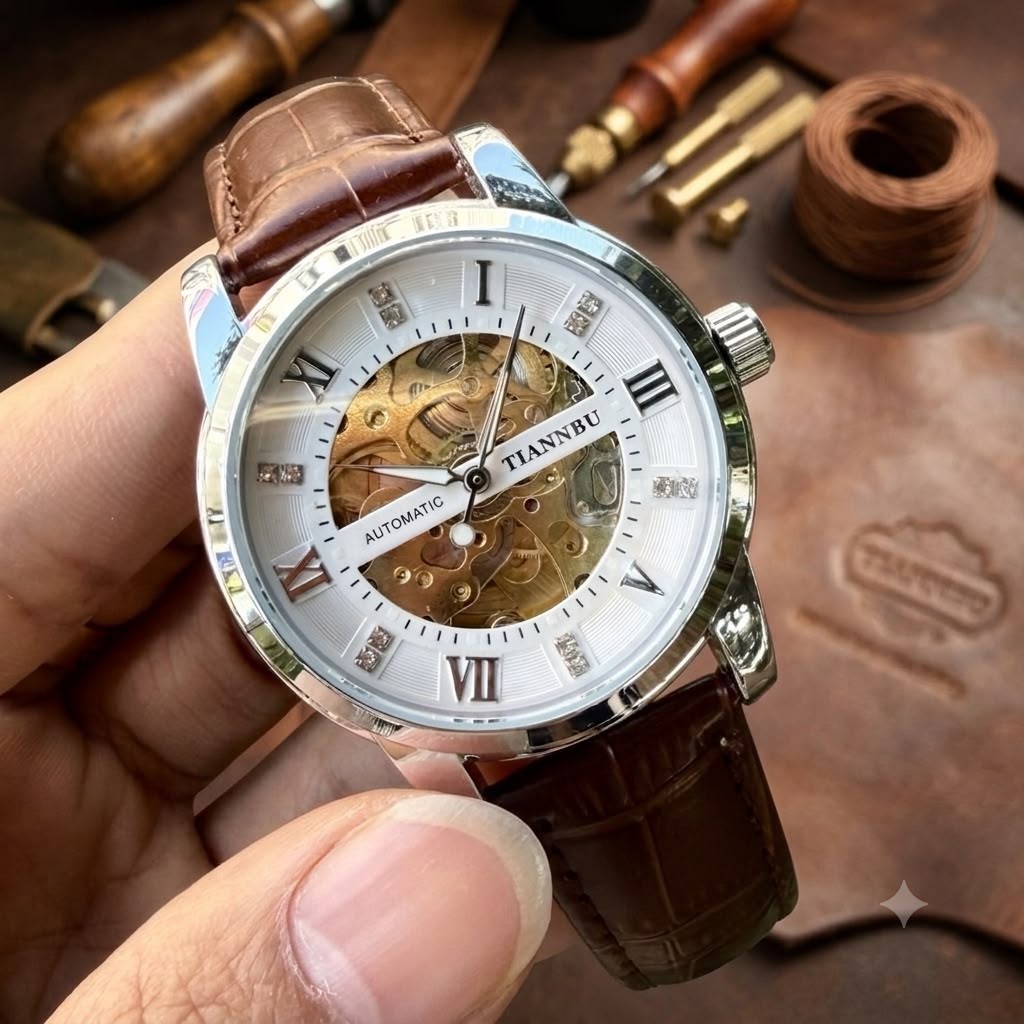 TIANNBU Skeleton Automatic Mechanical Watch White Dial Leather Mens Wristwatch