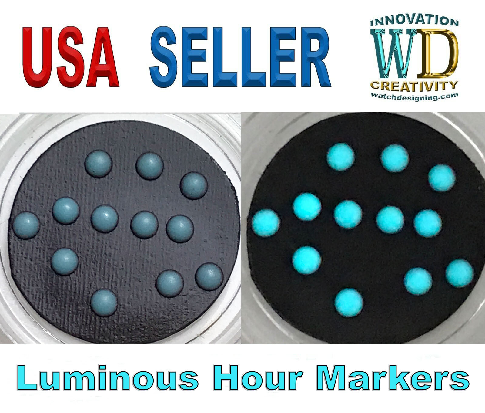 Watch Dial Hour Markers 12 pieces BLUE LUME Round 2.10mm Numerals Dot Bars