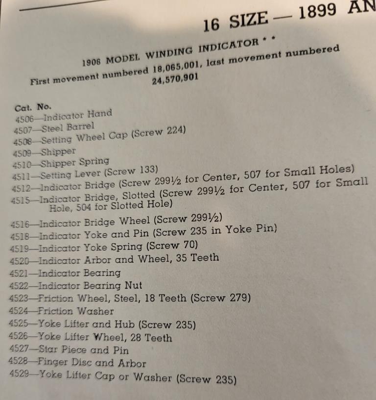 16 Size Waltham Model 1908 Winding Indicator Parts- Select from list
