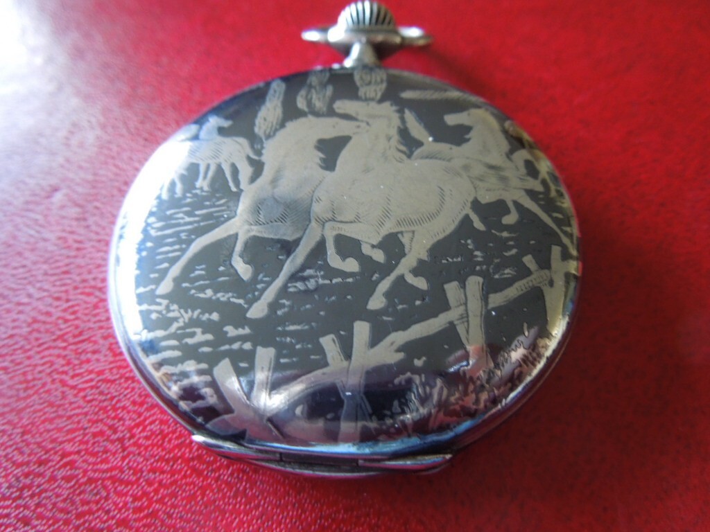 J4939 POCKET WATCH MOVADO NIELLO HORSES FULL HUNTER HUGUENIN FR. SEE DESCR