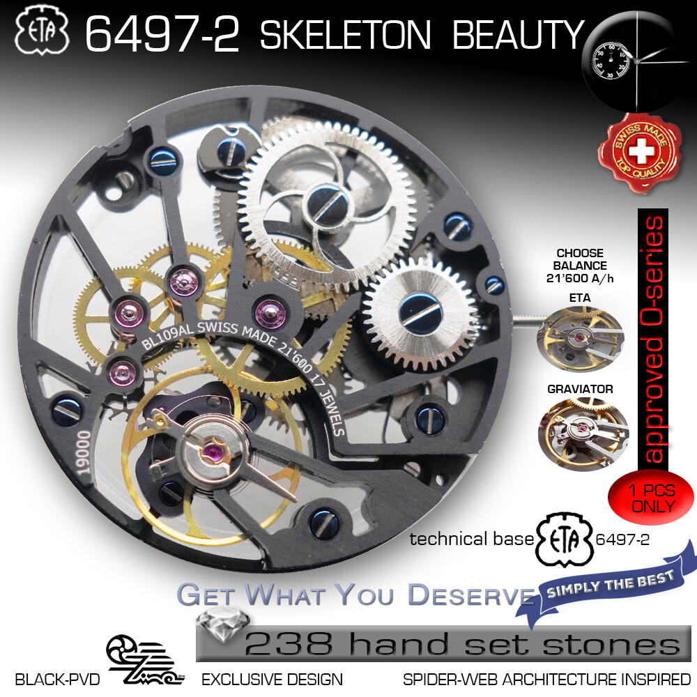 MOVEMENT ETA UNITAS 6497-2, BL109, SPIDER SKELETON, RED STONE DECORATED, SWISS