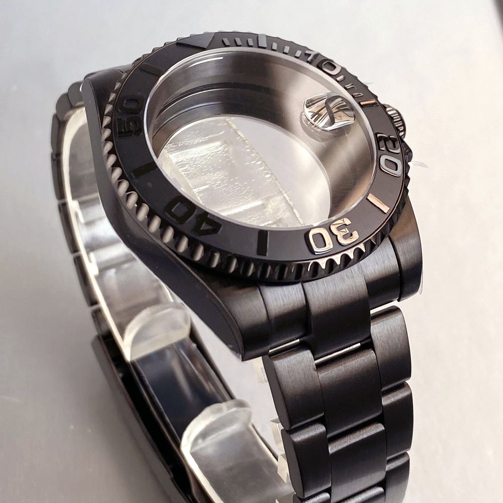 40mm Black PVD Ceramic Bezel Watch Case Fit NH35 NH36 2824 Miyota Oyster Strap
