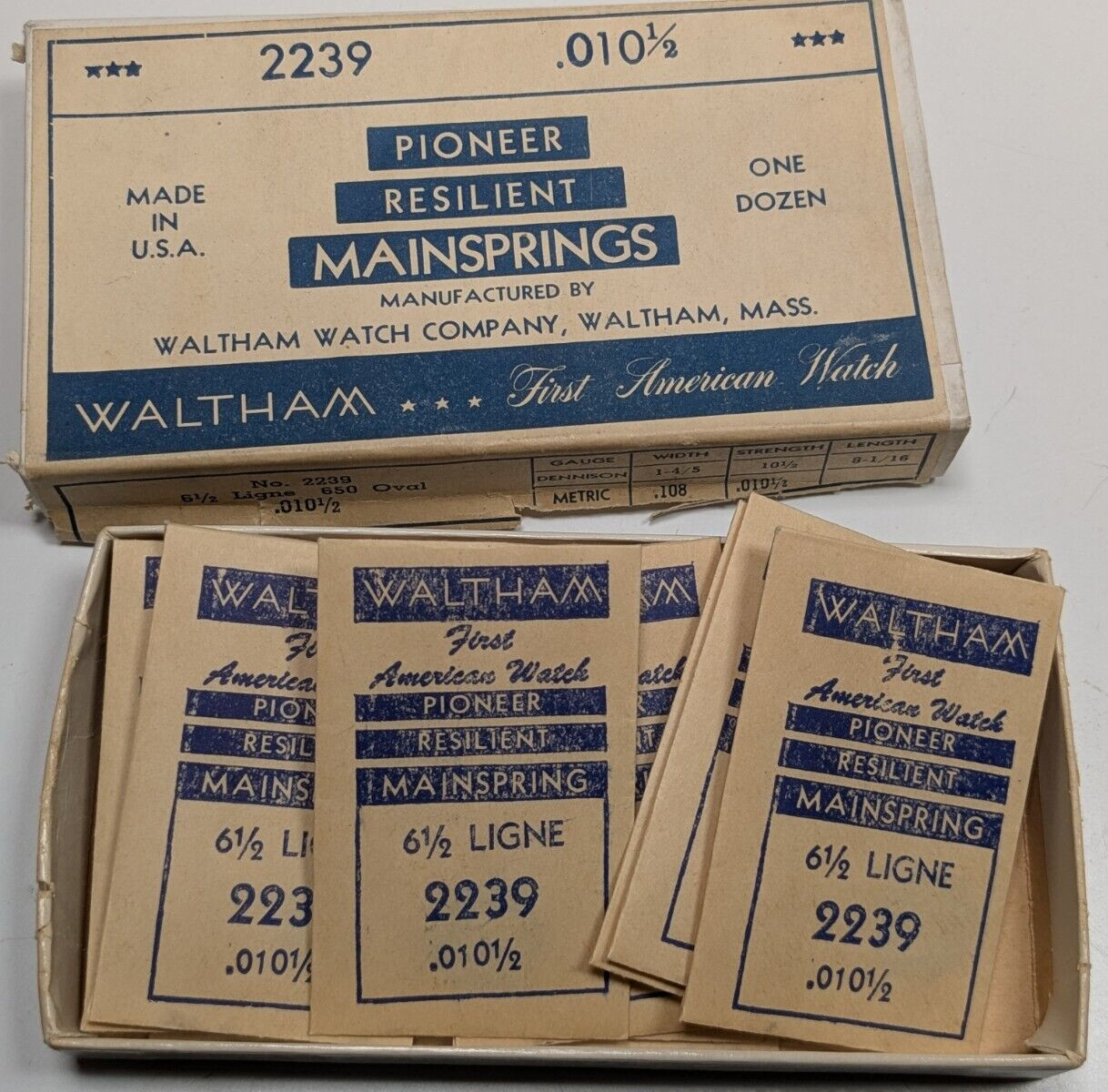 Box of 12 Waltham Steel Mainsprings for 6 1/2 LIGNE Watches 2239 – .010 1/2
