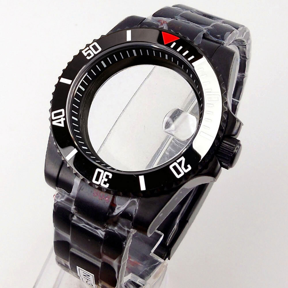 40mm Black PVD Sapphire Glass Watch Case Fit NH35A NH36A ETA2824 PT5000 Rubber
