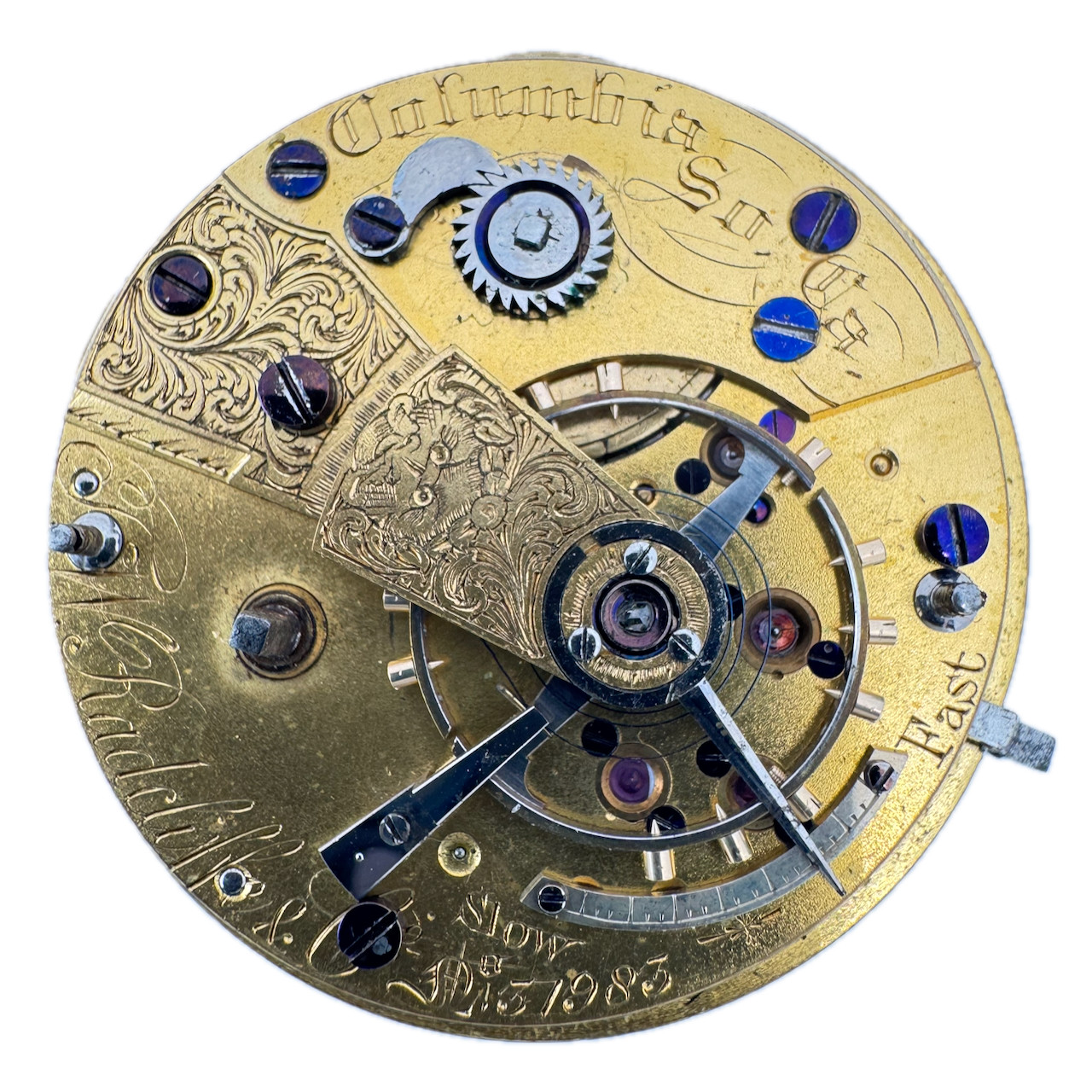 Antique 44mm J.W. Radcliffe Columbia SC USA Key Wind Fusee Pocket Watch Movement