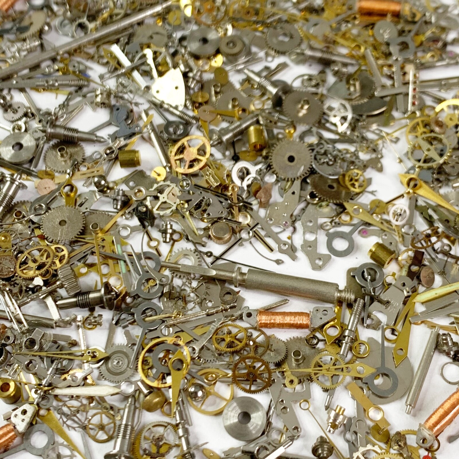 Steampunk GIFT 50 Gram Lot Watch Parts 3 Glass Bottles Box Card Wheels Gears Art