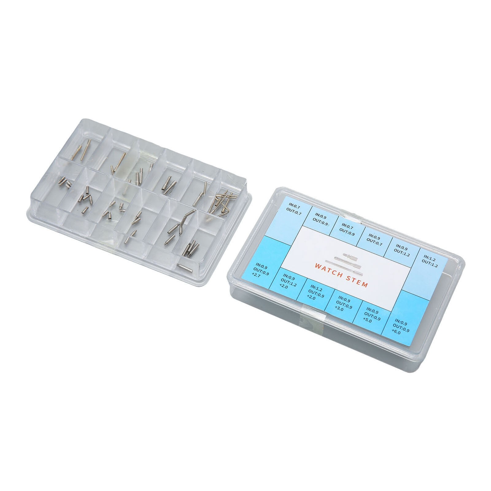 60Pcs 0.7mm-0.9mm Stainless Steel Watch Winding Stem Extender Assortment Box