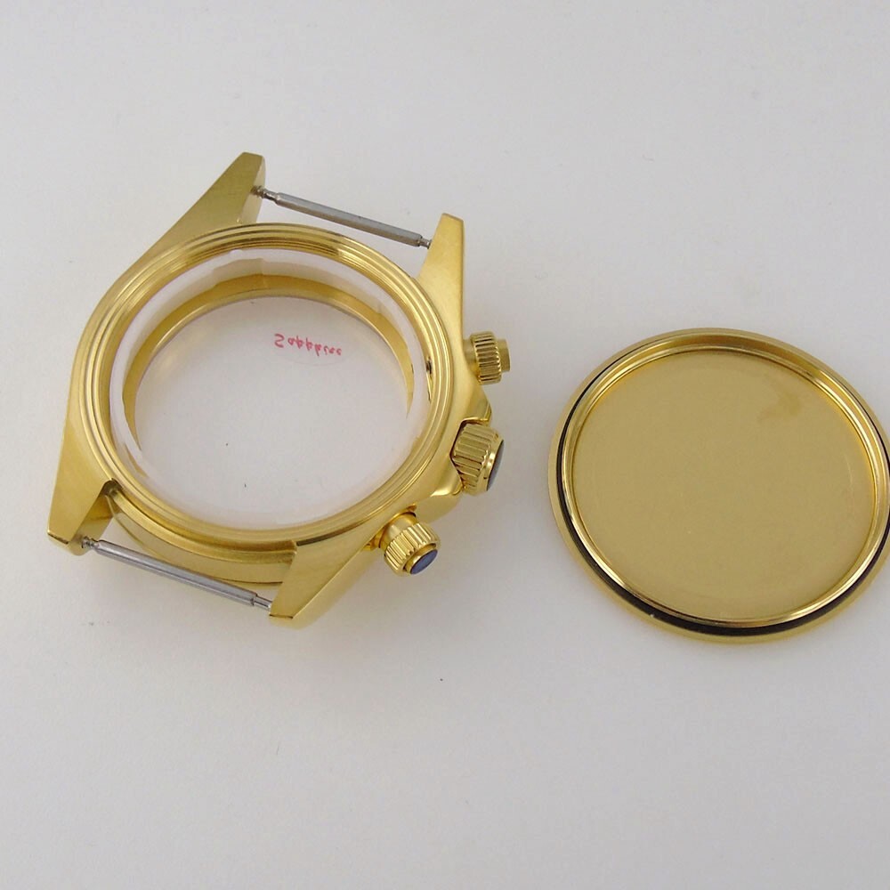 39mm Yellow Gold Watch Part Case Sapphire Glass Fit VK63 VK64 Quartz Solid Back