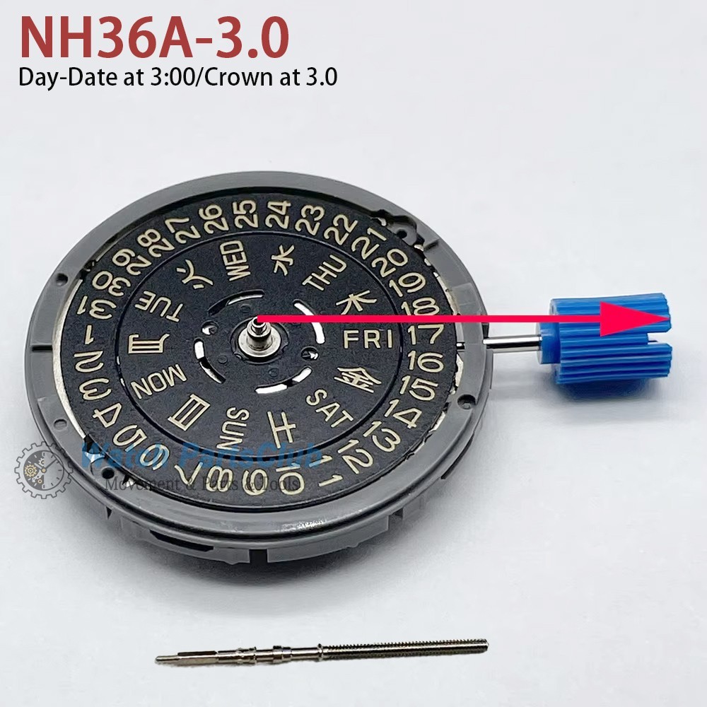 SII NH36 Watch Movement Black-Gold Datewheel CROWN at 3.0/3.8 in Japanese Kanji